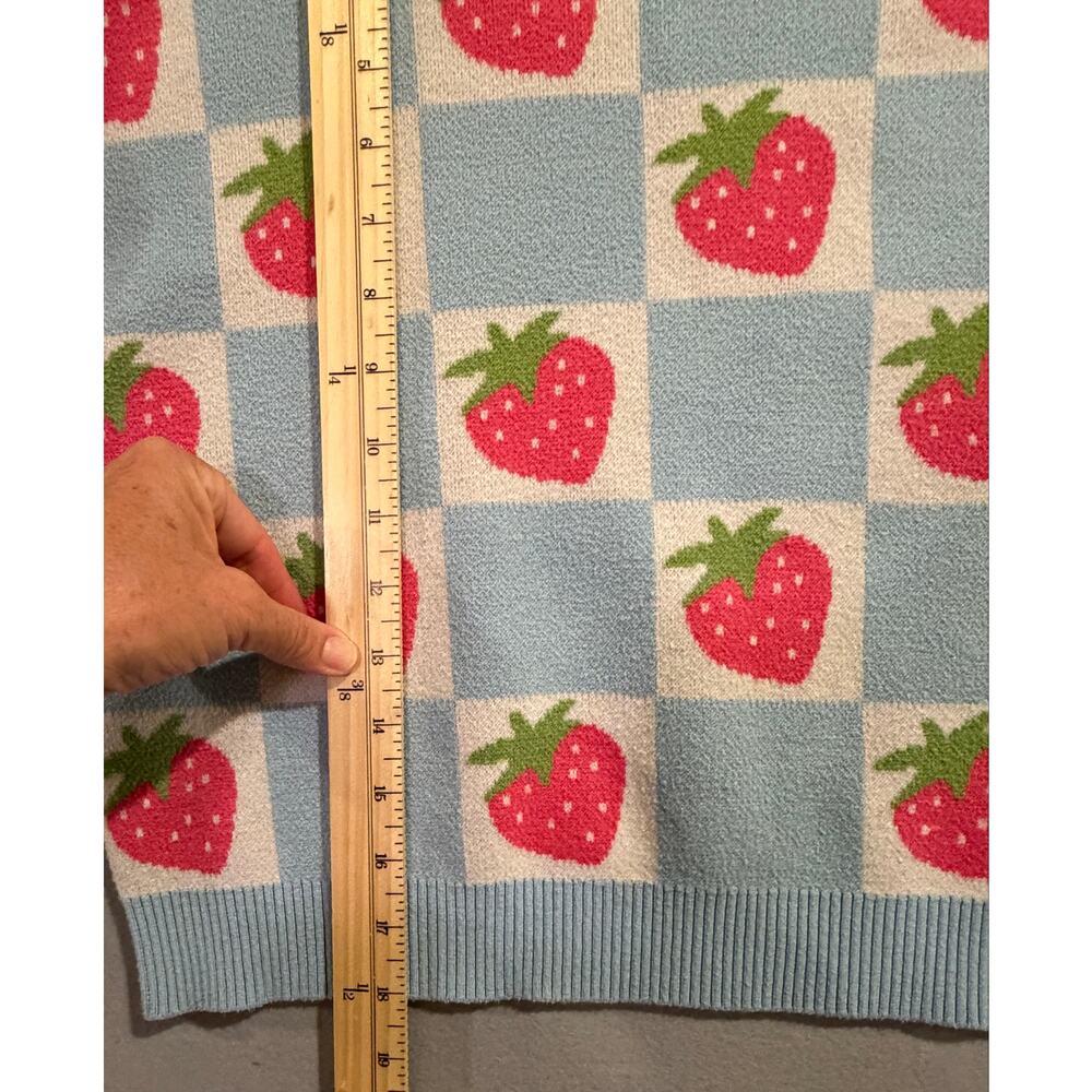 Luna Ivy Strawberry Checkerboard Sweater Blue Pink Knit Crewneck Women’s L - Picture 4 of 5